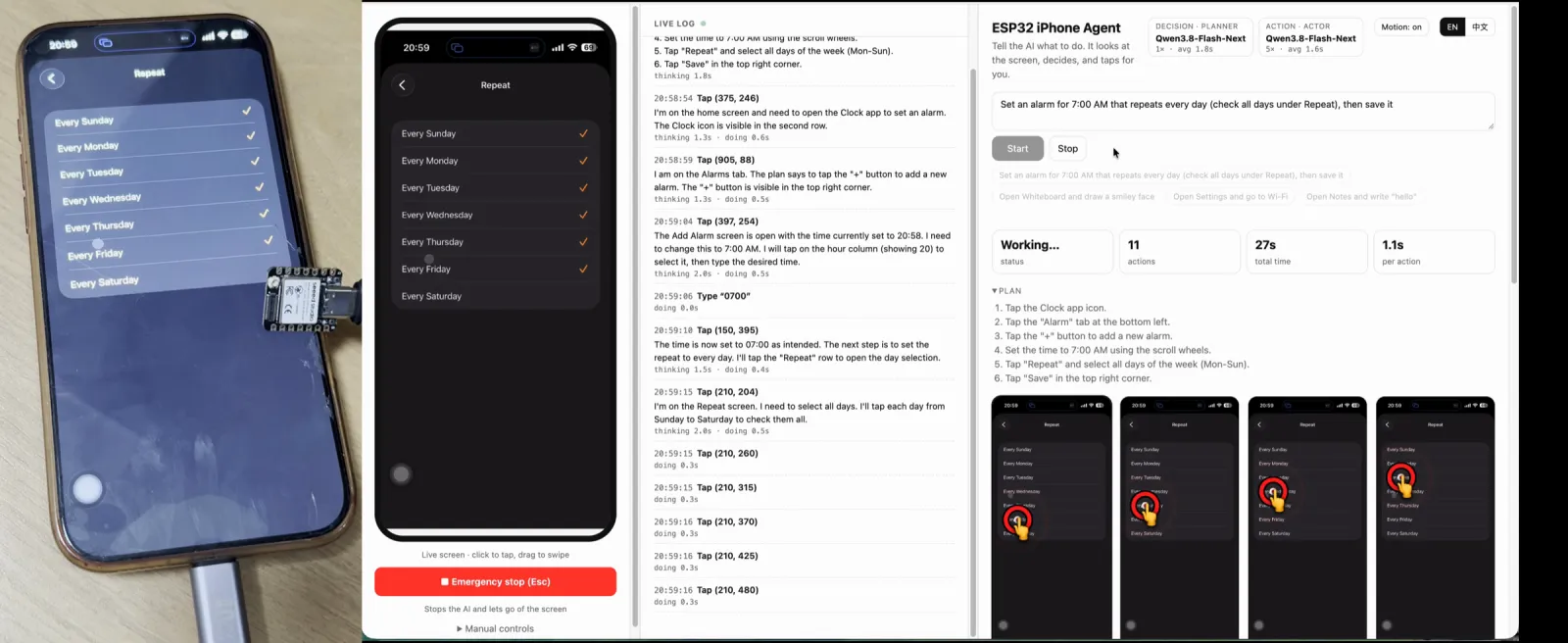 An iPhone with a XIAO ESP32S3 plugged in, setting an alarm